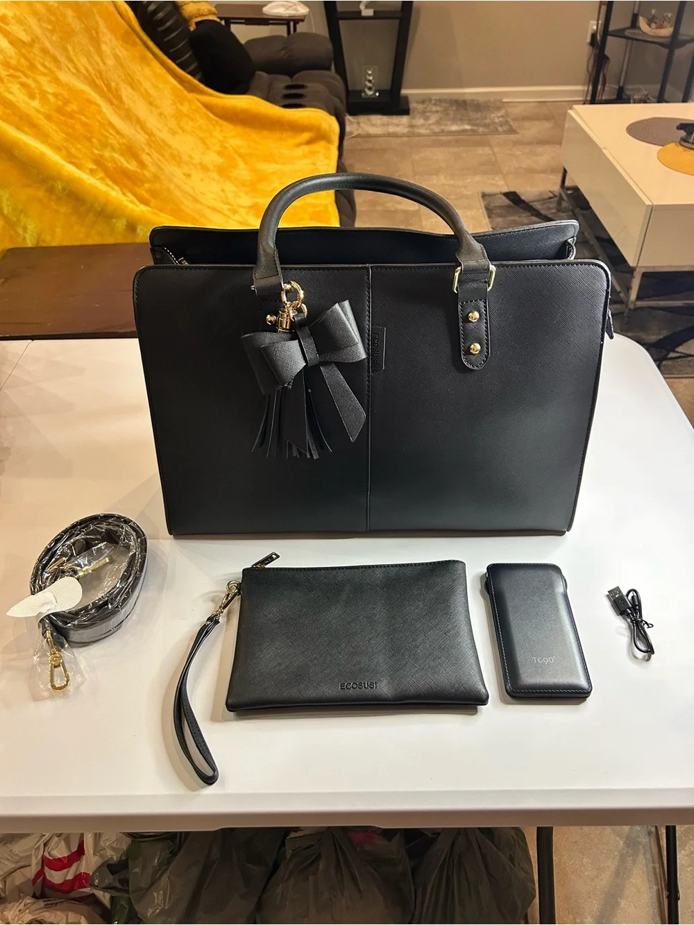 Black-Women's Laptop Tote Bag with Bow Charm - Sleek Professional Work Bag